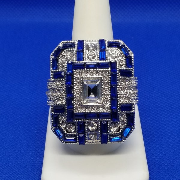 Sapphire Blue Baguette Rhinestone Vintage, Bold, Chunky, Statement Costume Jewelry Ring, Size 9.75