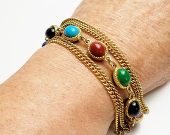 Multi Colored Glass Faux Gemstones, 5 Strand Gold Bracelet Costume Jewelry Gift For Her