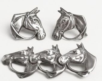 Sterling Silver Triple Horse Head Brooch, Single Horse Head Screw Back Earrings, Signed BB, Antique Demi Parure Fine Vintage Jewelry Set