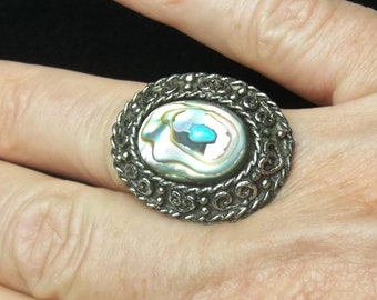 Vintage Mid Century Statement Ring, Abalone Shell, Silver Color, Adjustable, 1960's Costume Jewelry Gift For Her