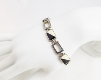 Reversible Panel, Link, Vintage Bracelet with Black & White Enamel on Polished Silver Tone Metal, Costume Jewelry sb