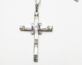 Vintage 1970's Silver Tone Cross Choker NECKLACE, Star Burst Center, Baguette Rhinestones, Easter, Spring Costume Jewelry Pendant