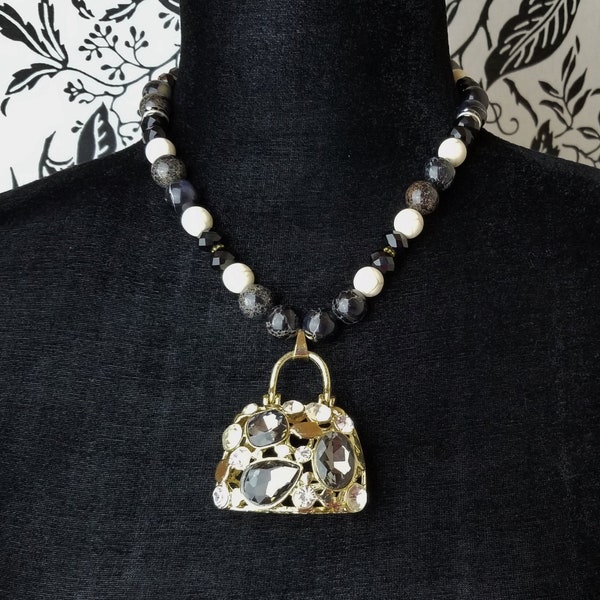 Vintage Necklace, Lady's Handbag / Purse Rhinestone Pendant, Black Glass Crystal Beads, Black Rhinestone Rondelles Handmade Costume Jewelry