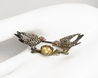 Vintage Sterling Silver, Marcasite Mother & Father Birds with Eggs in Nest Brooch, Fine Jewelry Gift For Her