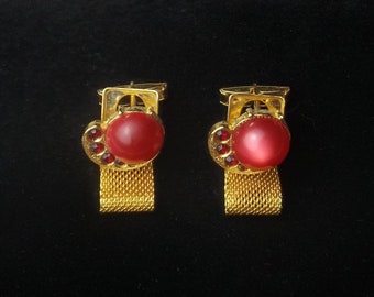 1960's Cuff Links Red Rhinestone Watermelon Lucite Cabochon, Vintage Gold Metal Mesh Men's Dad Gift For Him, Gift Under 30 on Etsy