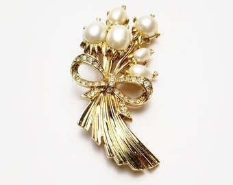 Pearl Cabochon Flower Bouquet with Rhinestone Bow Vintage Brooch,  Costume Jewelry Gift For Her on Etsy
