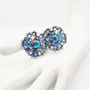 Aurora Borealis Blue Rhinestone Vintage Clip on Earrings, 1950&#39;s Costume Jewelry Signed Claudette