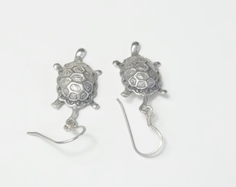 Sterling Silver Detailed Turtle Vintage Dangle 3D Pierced Earrings 1970's Fine Jewelry Gift For Her on Etsy