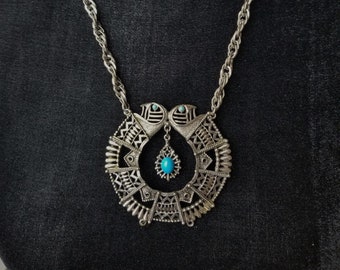 Vintage Egyptian Revival Style Pendant Necklace, Turquoise Blue Glass Dangle Chunky Costume Jewelry on Etsy