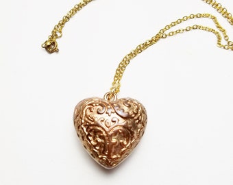 Repousse Puffy Heart Copper Tone Pendant , Golden Chain, 1960's Vintage Choker Necklace. Costume Jewelry on Etsy