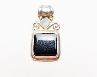 Large Silver Plate Pendant with Bezel Set Black Glass Costume Jewelry Gift For Her Gift Under 40