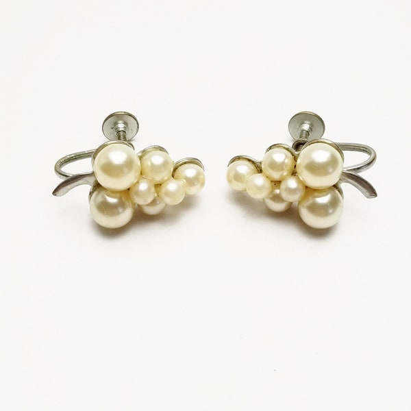 Ivory Faux Pearl Grape Cluster Vintage 1950's Screw Back Earrings, Costume Jewelry Gift For Her