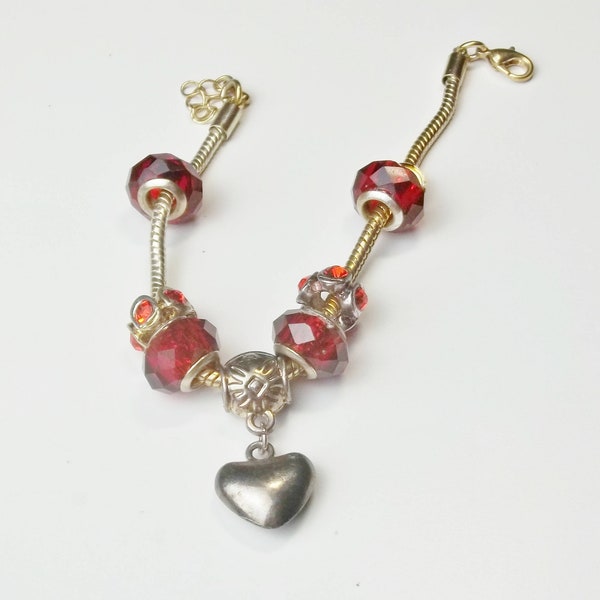 Red Crystal -Rhinestone Rondell - Silver Puffy Heart Slider Charm Bracelet Vintage Costume Jewelry - Gift For Her