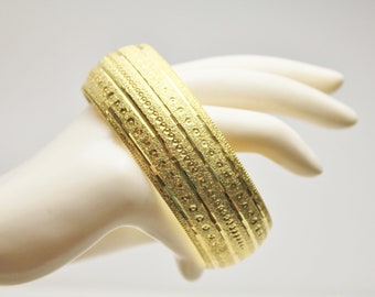 Vintage Gold Textured & Diamond Cut Cuff Bangle Bracelet 1980's Costume Jewelry Gift For Her