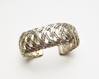 Vintage Wide Cuff Woven Silver Bracelet, Boho Style 1970's Costume Jewelry, Gift For Her, Gift Under 35 on Etsy