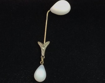 Large Tear Drop Milk White Glass with Tear Drop Faux Moonstone Dangle, Vintage 1930's Costume Jewelry Hat Pin, Lapel Pin, Scarf Pin