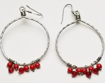 Large Silver Tone Hoop Dangle Earrings with Red Crystal & Bead Dangles, For Pierced Ears, Vintage 1970's Costume Jewelry, on Etsy