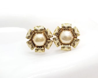 Damascene Flowers with Faux Pearl Cabochon Centers Vintage Screw Back Earrings, Costume Jewelry Gift For Her