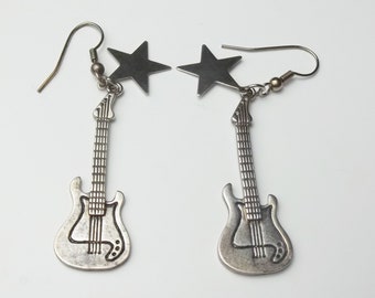 1980's Rockabilly Earrings, Silver Electric Guitars & Stars, Dangle, Vintage Costume Jewelry Gift For Her on Etsy