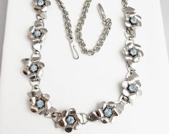 Silver tone Flowers with Pale Blue Rhinestones, Choker Necklace, Vintage Costume Jewelry on Etsy