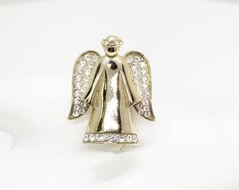 Vintage Signed Monet Gold & Rhinestone Christmas Angel Brooch Costume Jewelry Pin