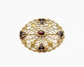 Vintage Open Work Detailed Antiqued Gold Tone Garnet Red Rhinestone BROOCH Pin Costume Jewelry, Gift For Her on Etsy