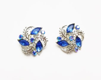 Sky Blue Navette Rhinestone & Aurora Borealis Rhinestones Vintage Earrings, 1950's Costume Jewelry Signed Star Gift For Her Gift Under 25