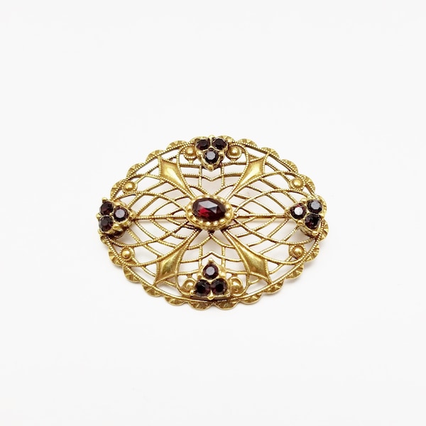 Vintage Open Work Detailed Antiqued Gold Tone Garnet Red Rhinestone BROOCH Pin Costume Jewelry, Gift For Her on Etsy