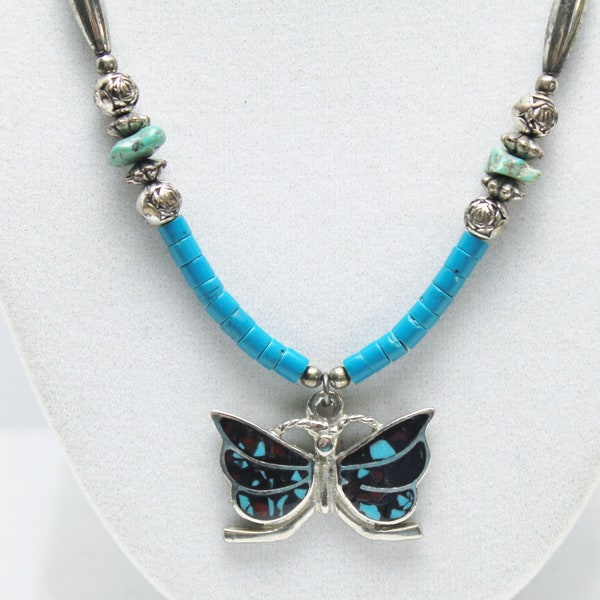 Butterfly Pendant Enamel Inlay Turquoise & Silver Tube Bead Necklace Vintage Costume Jewelry