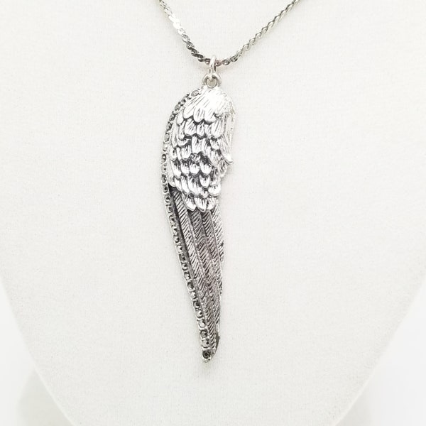 Large Angel Wing Pendant With Silver Rhinestone Trim, Guardian Angel Wing on Serpentine Chain, Vintage Statement Necklace, Costume Jewelry