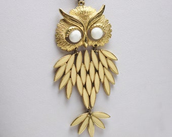 Vintage Movable Whimsical Owl Statement Necklace, Textured Gold & Cream Enamel, Costume Jewelry Gift For Her