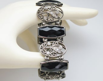 Vintage Panel Link Bracelet, Rhinestone Vines & Faceted Black Thermal Stones on Silver Tone Metal, 1960's Costume Jewelry