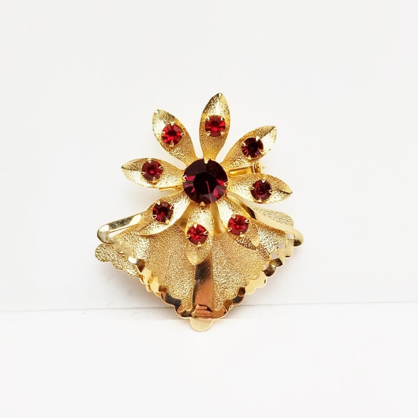 Unique 1950's Vintage BROOCH, Textured & Polished Gold Tone Floral with Deep Garnet Red Rhinestones, Costume Jewelry on Etsy