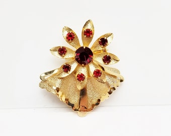 Unique 1950's Vintage BROOCH, Textured & Polished Gold Tone Floral with Deep Garnet Red Rhinestones, Costume Jewelry on Etsy