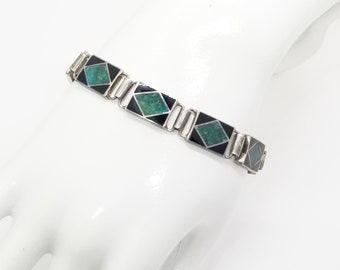 Vintage Sterling Silver with Crushed Turquoise Inlay & Black Onyx Bracelet Fine Jewelry on Etsy