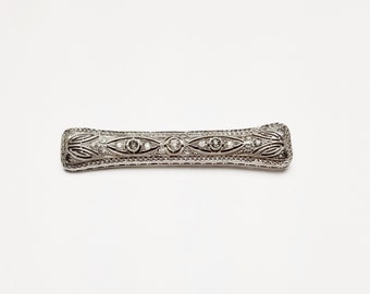 Art Deco Filigree Bar Brooch, Sterling Silver & Rhinestones 1920's Vintage Collectible Fine Jewelry Pin