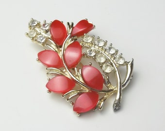 Vintage 1950's Brooch Gold Flower Spray, Red Lucite, Clear Rhinestones Costume Jewelry Gift For Her, Gift Under 30 Dollars on Etsy