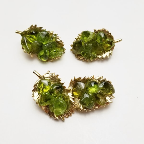 1960's Vintage Brooch & Earrings Demi Parure, Olivine Hawaiian Diamond on Gold Leaves Leaf, Costume Jewelry Gift For Her