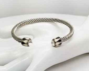 Vintage Open End Twisted Cable Design Bangle Bracelet, Shiny Clear Crystal Finials, Costume Jewelry