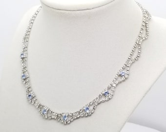 Vintage Pastel Blue Rhinestone Choker Necklace,  Rhodium Plate Costume Jewelry, Something Blue Gift