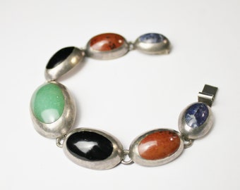 Signed Mexico Cuff Bracelet, Sterling Silver, Chunky Green & Black Onyx, Carnelian, Lapis Lazuli Heavy Oval Panels