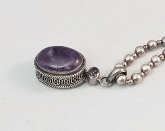 Sterling Silver Large Ball Chain Necklace Bezel Set Polished Amethyst Stone & Cut Amethyst Pendant Total Weight 49.2 grams