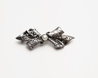 Sterling Silver & Genuine Pearl Filigree Style BOW Vintage Brooch / Pin, Fine Jewelry Gift For Her