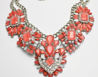 Vintage Bib Statement Necklace, Orange & Frosted White Tear Drop Stones, Clear Rhinestone Choker, Costume Jewelry