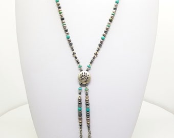 Bear Paw NECKLACE Dangles with Turquoise, Hematite, Pewter, Silver Beads, Tribal Feathers, 1970's Costume Jewelry