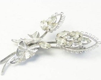 Sterling Silver Vintage 1950's BROOCH Navette Rhinestones Flower Bouquet, Fine Jewelry Signed Star Art Hollywood Glamour