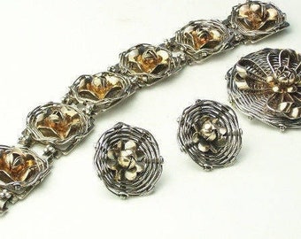 RARE 1940s HOBE Sterling Silver 14K Gold Demi Parure Vintage Bracelet, Brooch, Earrings Fine Jewelry Set Gift For Her
