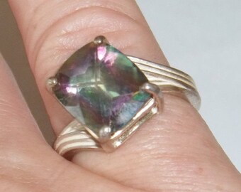Sterling Silver Ring w/ Mystic Topaz Gemstone, Alternative Engagement Ring, Fine Jewelry Gift For Her