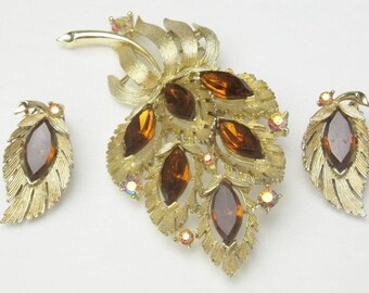 Signed Lisner 1960's Brooch & Earrings Demi Parure Marquise Topaz Rhinestones Vintage Hollywood Glamour Costume Jewelry Gift For Her