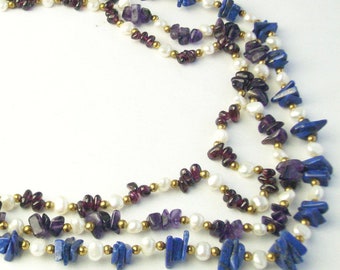 1950's Vintage Statement Necklace Multi Strand Genuine Pearl Amethyst Lapis Lazuli Nuggets Fine Jewelry